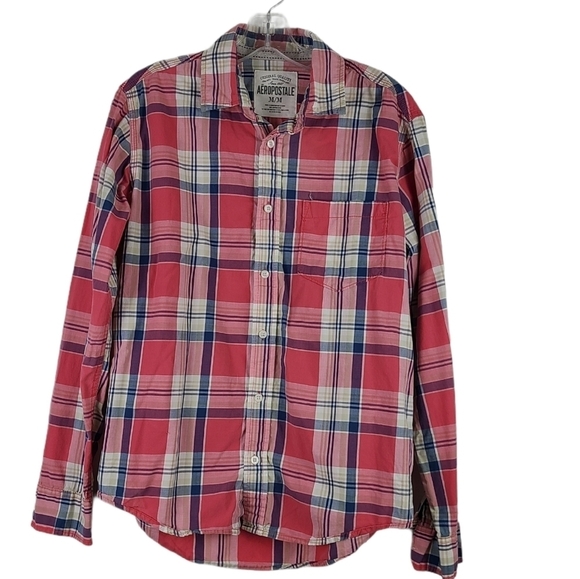 Aeropostale Pink Blue‎ White Plaid  Western Button Down Medium - Picture 1 of 3